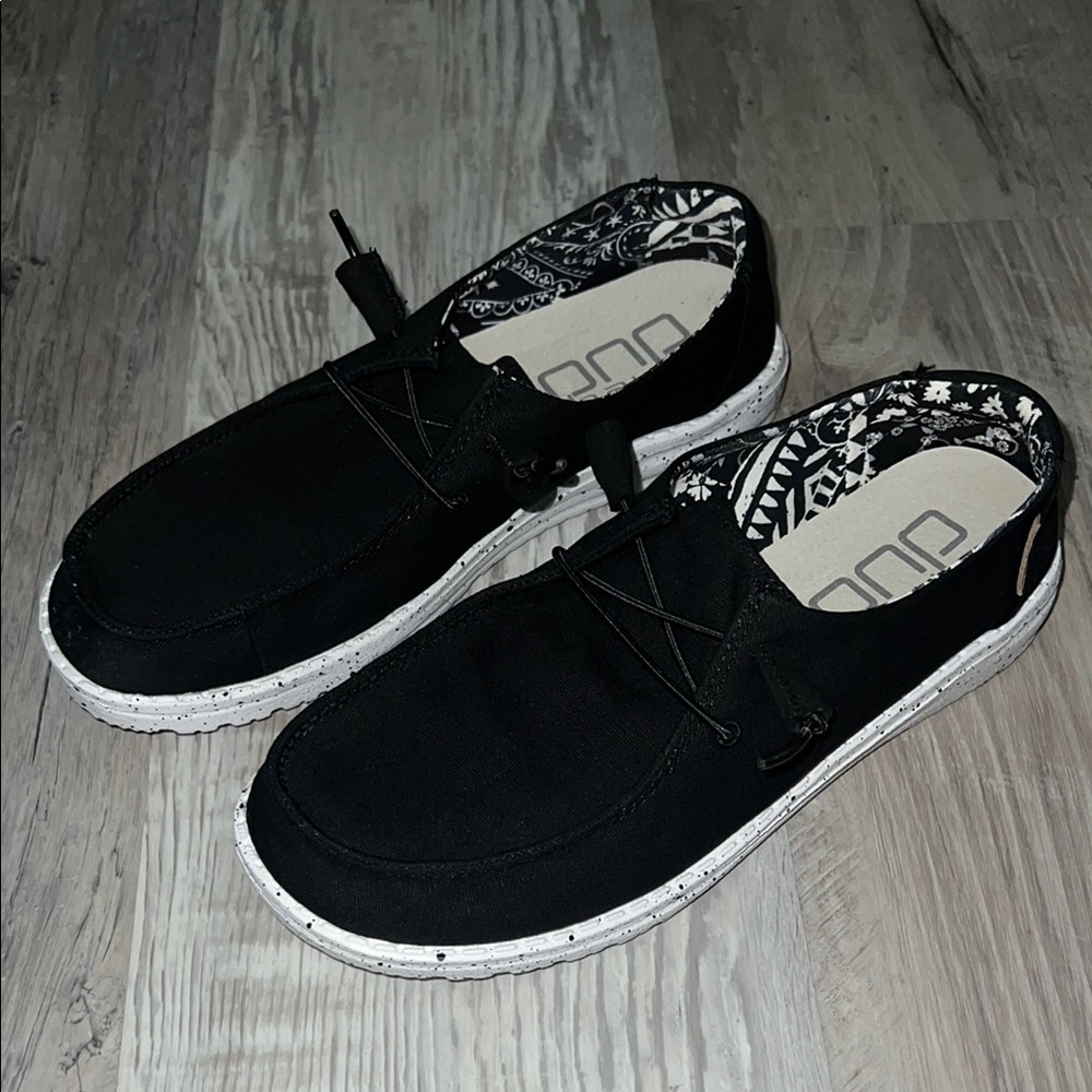 Hey Dude Black and White Slip-On Loafers